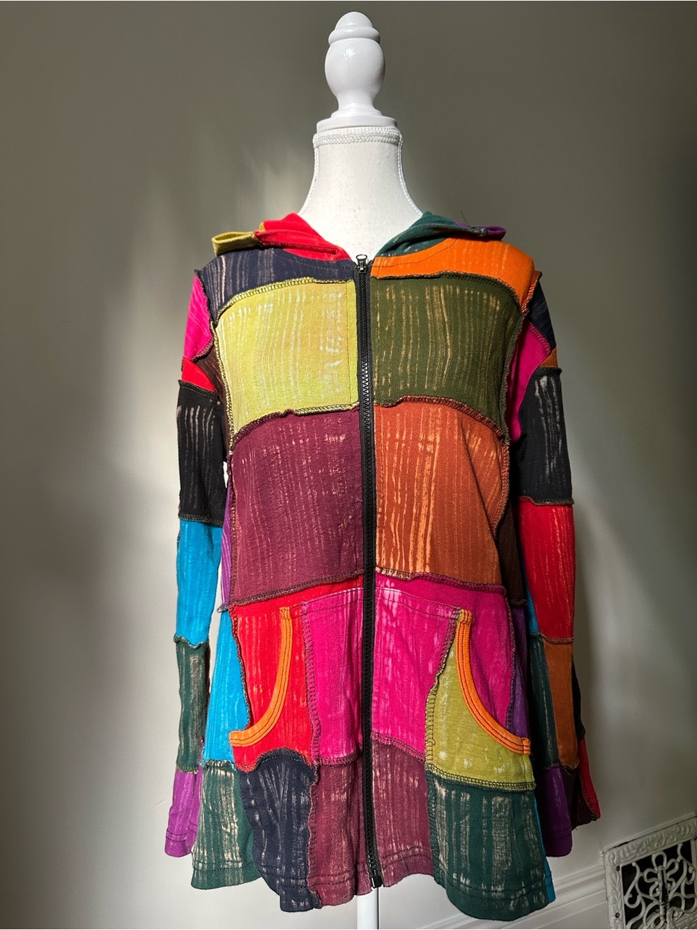 UNBRANDED Rainbow Patchwork Artisan Boho Hippie Full Zip Hoodie Medium